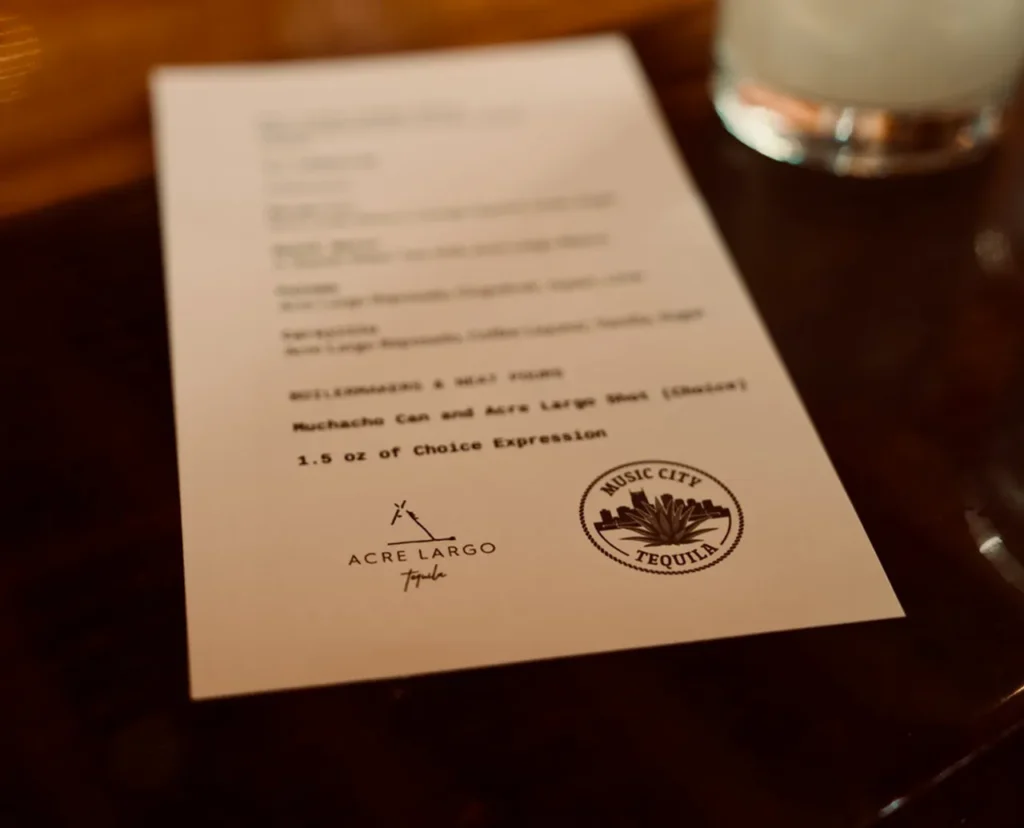 a close-up of a nashville tequlia launch menu at barrel proof